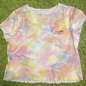 large spongebob squarepants rainbow crop tee with spongebob and patrick on shirt